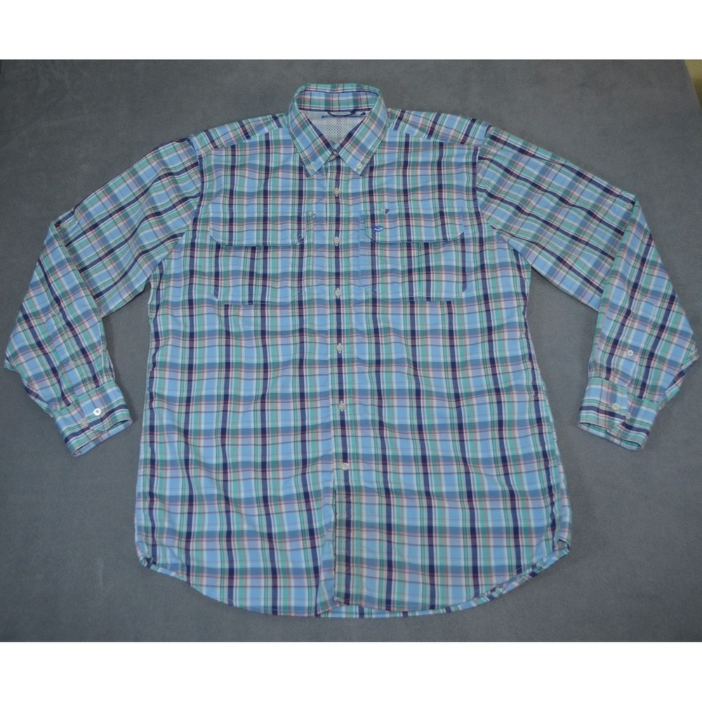 Southern Tide Shirt Mens L Blue Green Plaid Vent Roll Tab Long Sleeve Fishing